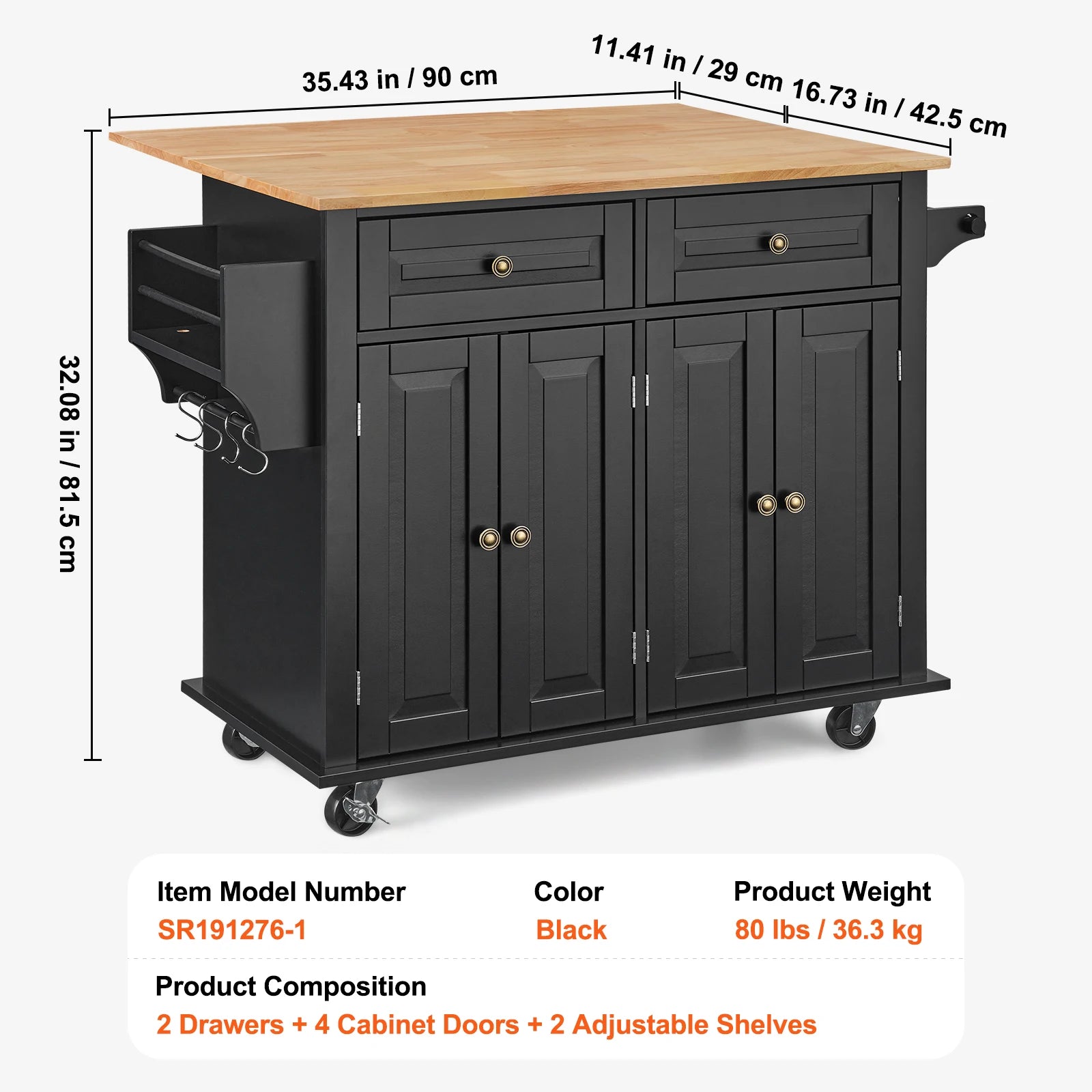SucceBuy 43" Kitchen Island Cart Wood Top Mobile Carts Leaf Spice Rack