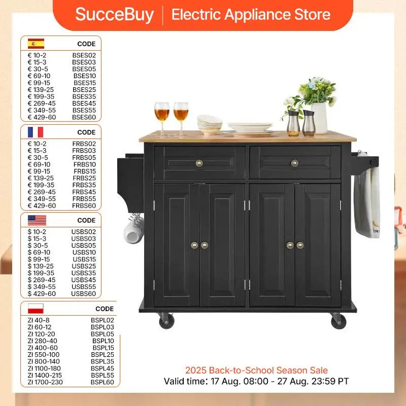 SucceBuy 43" Kitchen Island Cart Wood Top Mobile Carts Leaf Spice Rack