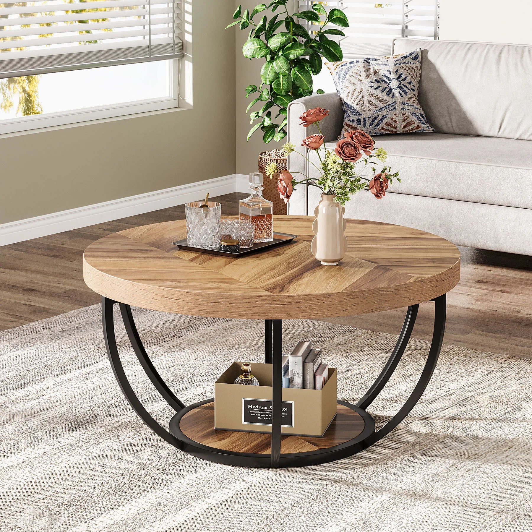 Round ,2-Tier Circle Coffee Table with Storage Shelves