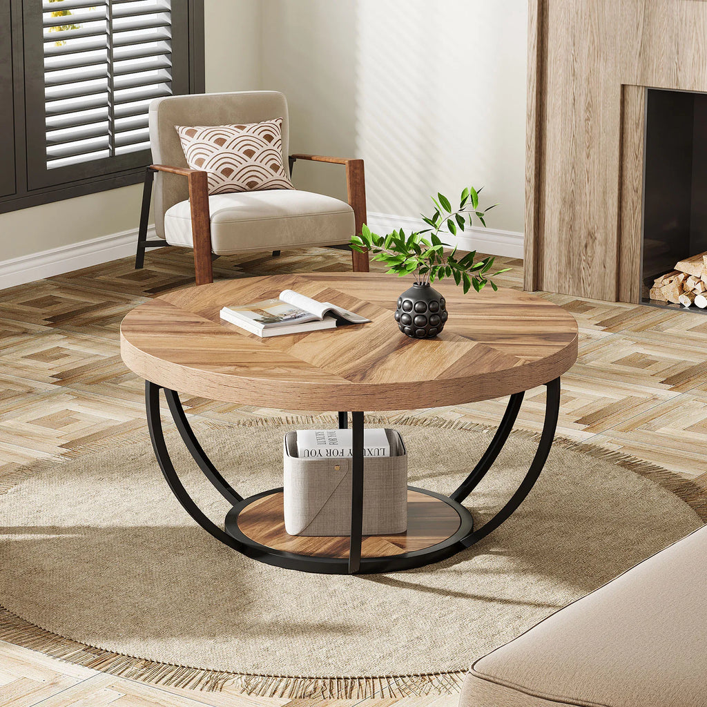 Round ,2-Tier Circle Coffee Table with Storage Shelves