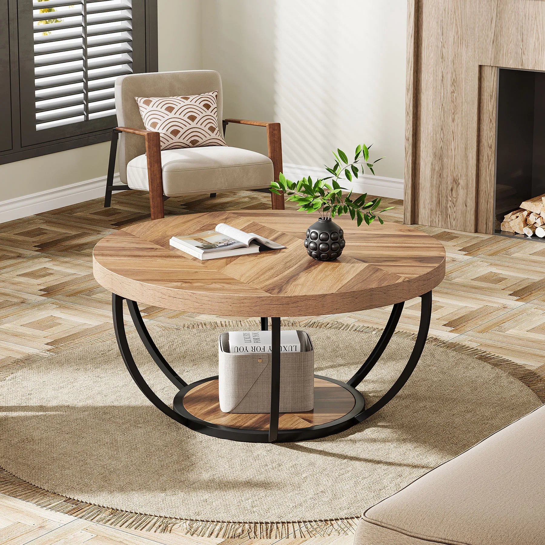 Round ,2-Tier Circle Coffee Table with Storage Shelves