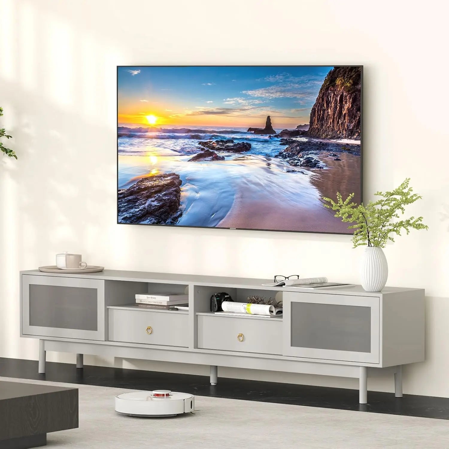 Television Console Table with Storage Cabinets