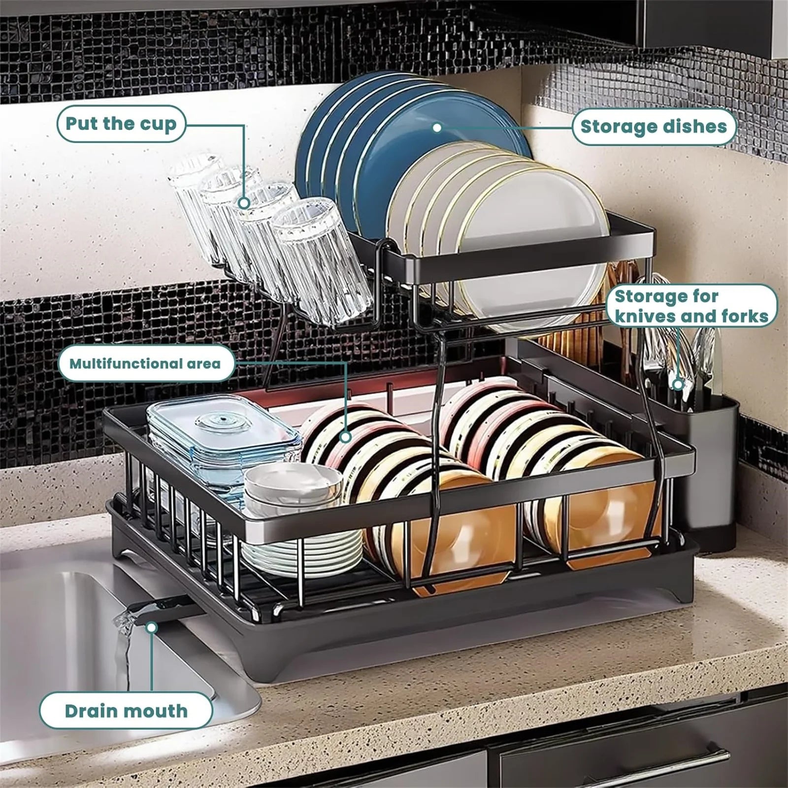 2-Tier Stainless Steel Dish Drying Rack – Large Kitchen Countertop Organizer with Drainer & Cutlery Holder