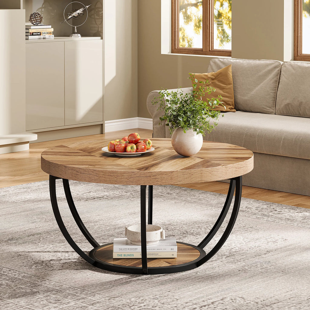 Round ,2-Tier Circle Coffee Table with Storage Shelves