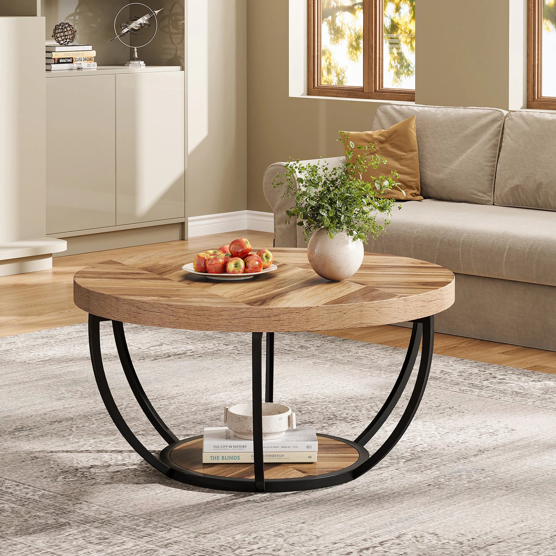 Round ,2-Tier Circle Coffee Table with Storage Shelves