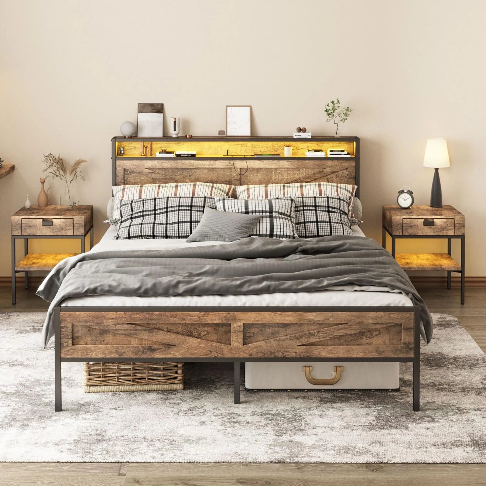 Queen/Full Bed Frame with Storage Headboard