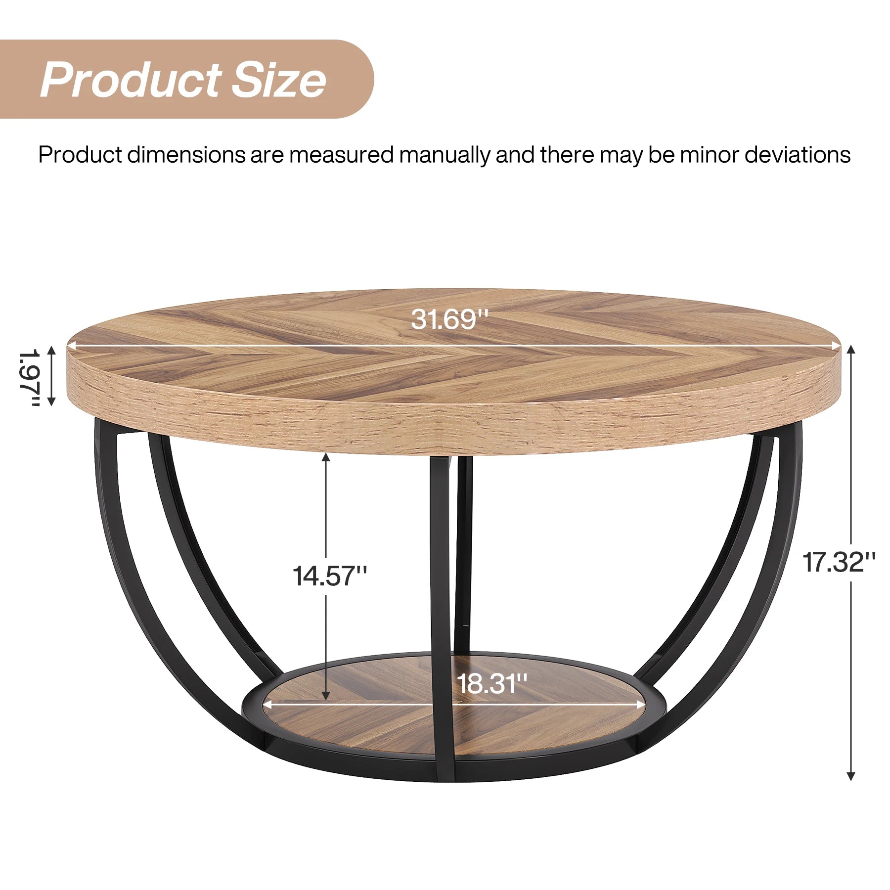 Round ,2-Tier Circle Coffee Table with Storage Shelves