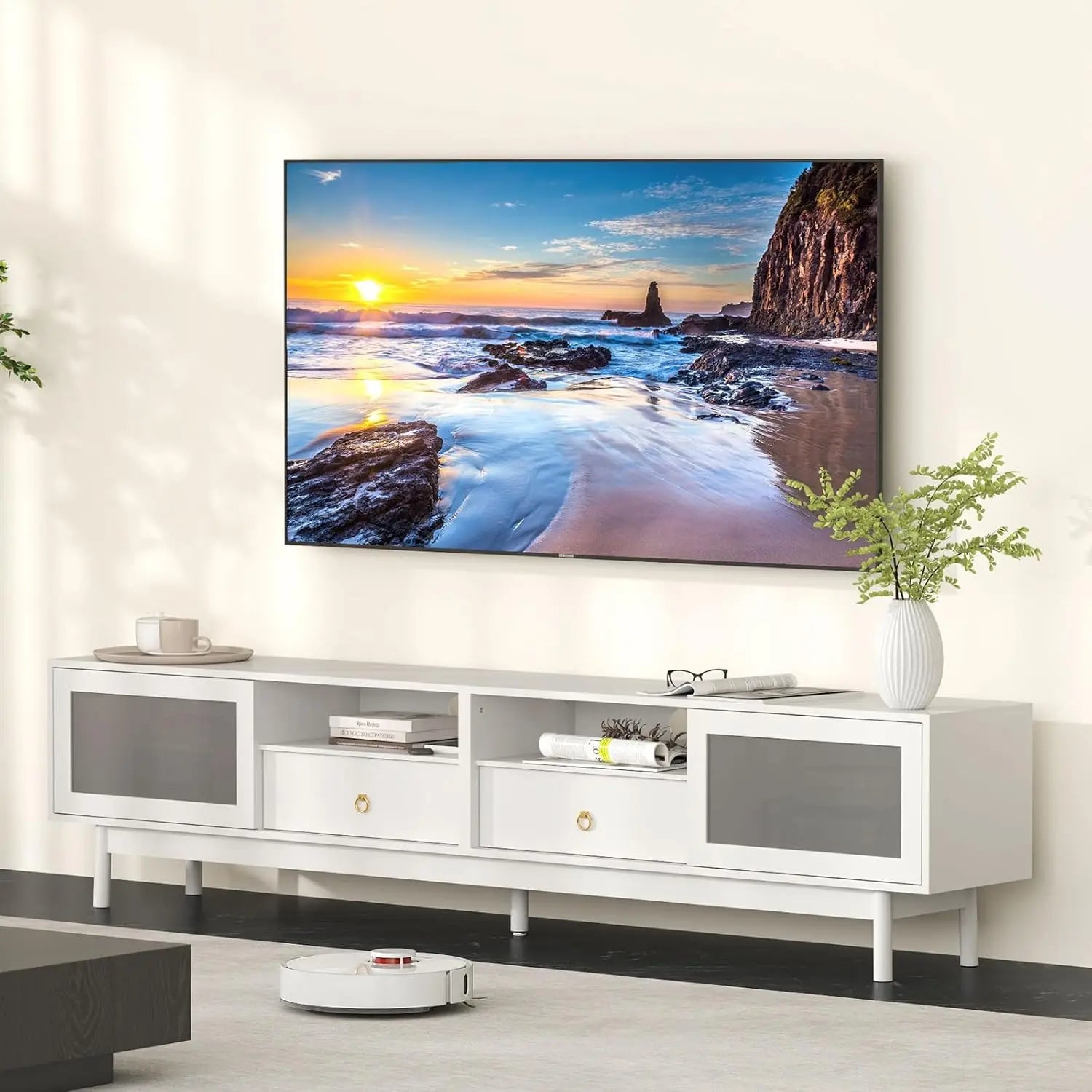 Television Console Table with Storage Cabinets