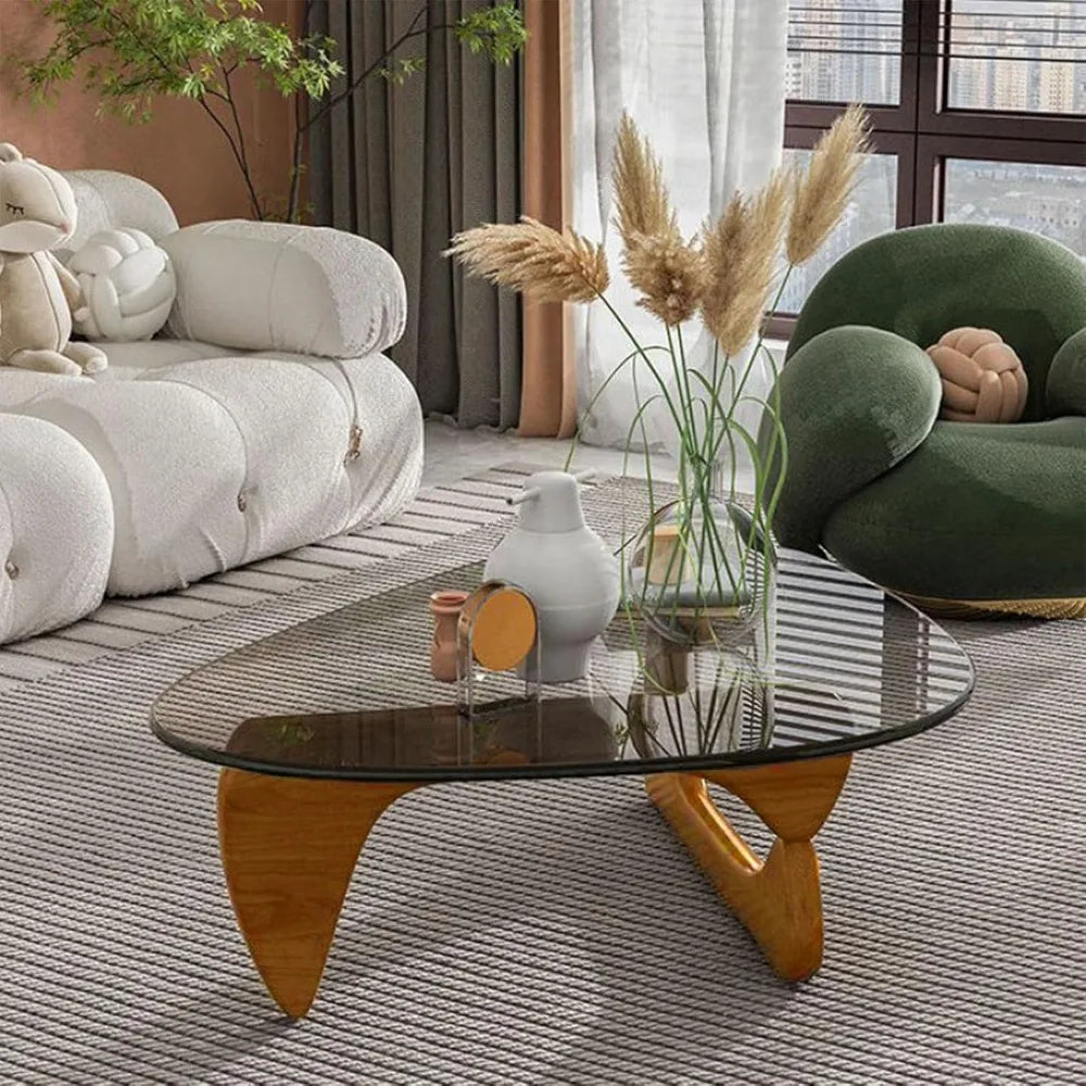Coffee Tables for Living Room-Triangle Glass Coffee Table with Wooden Base Modern Abstract End Table for Study Room Office Hotel