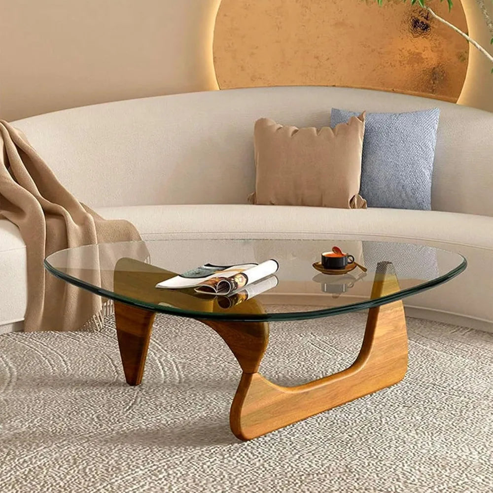 Coffee Tables for Living Room-Triangle Glass Coffee Table with Wooden Base Modern Abstract End Table for Study Room Office Hotel
