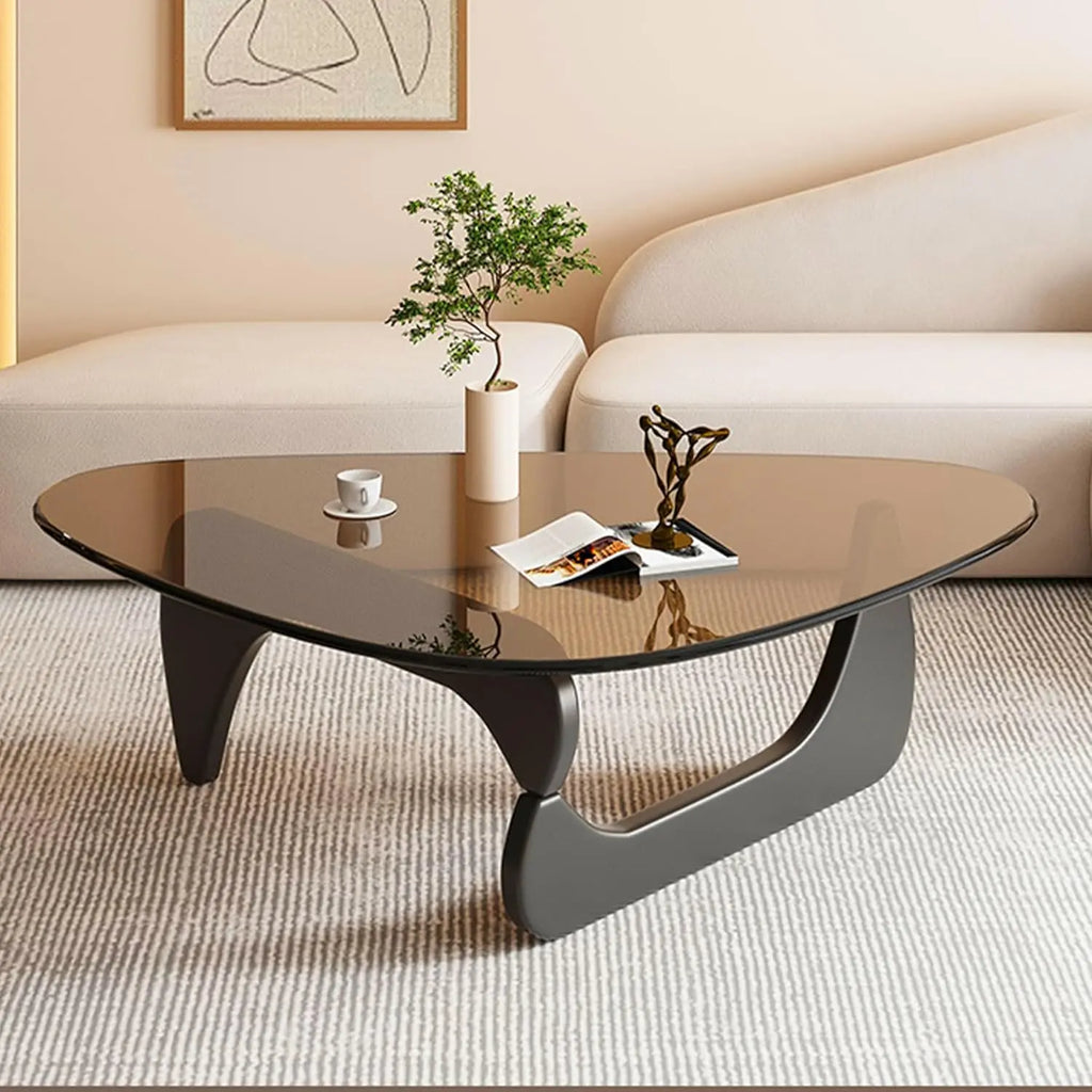 Coffee Tables for Living Room-Triangle Glass Coffee Table with Wooden Base Modern Abstract End Table for Study Room Office Hotel