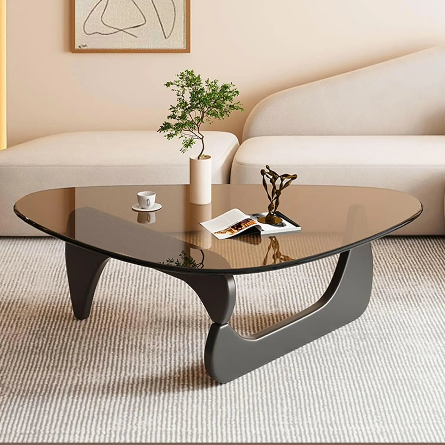 Coffee Tables for Living Room-Triangle Glass Coffee Table with Wooden Base Modern Abstract End Table for Study Room Office Hotel