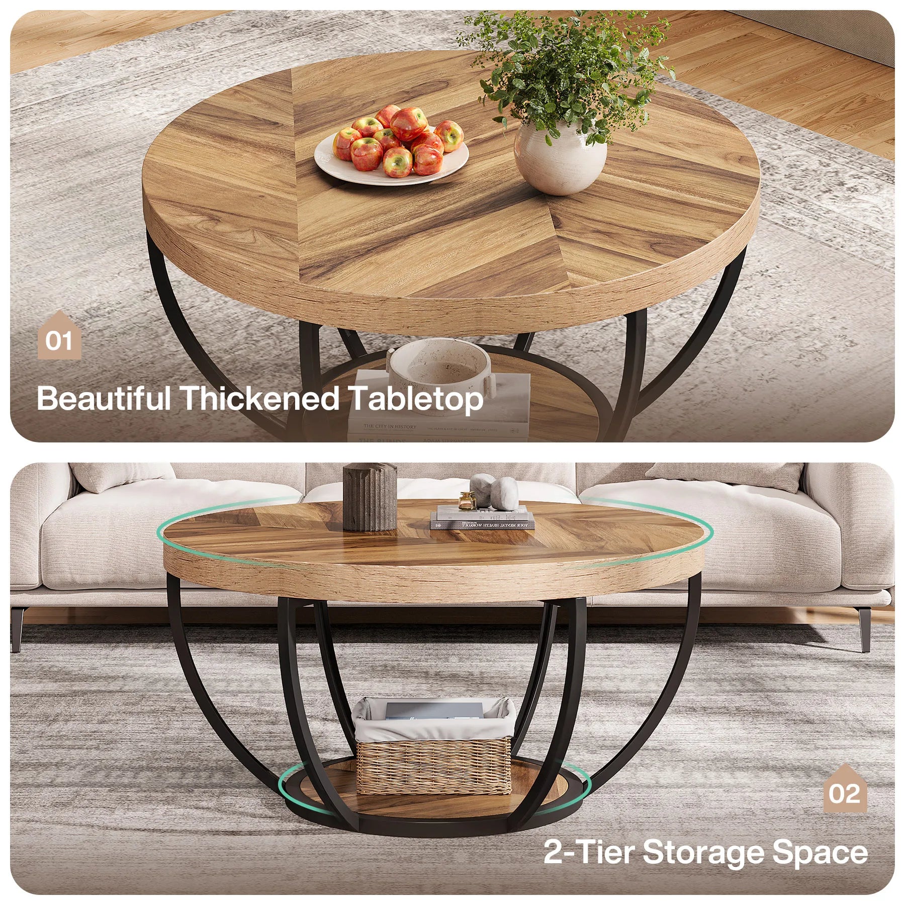 Round ,2-Tier Circle Coffee Table with Storage Shelves