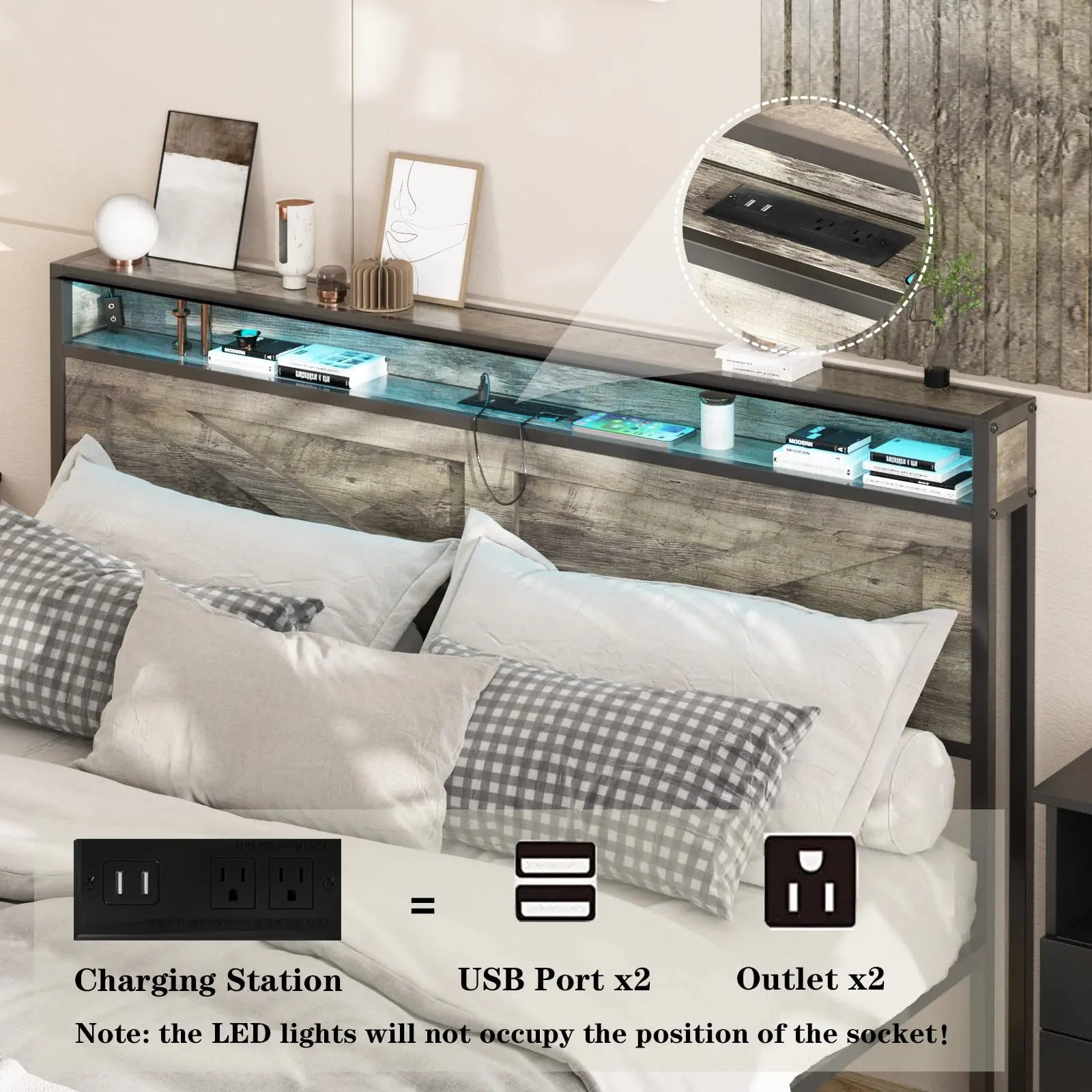 Queen/Full Bed Frame with Storage Headboard