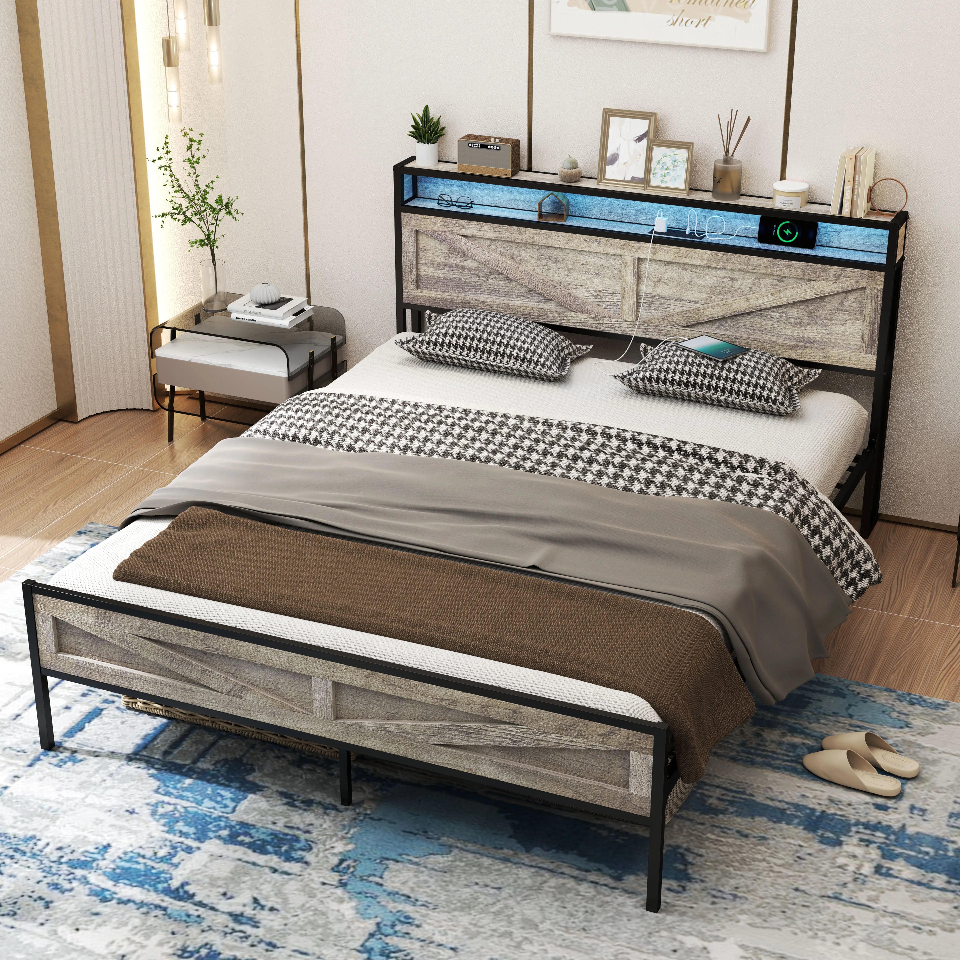 Queen/Full Bed Frame with Storage Headboard
