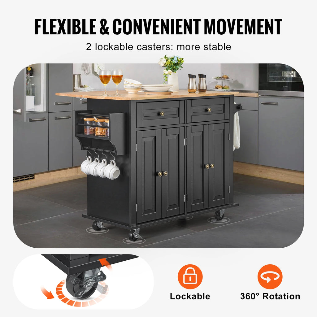 SucceBuy 43" Kitchen Island Cart Wood Top Mobile Carts Leaf Spice Rack