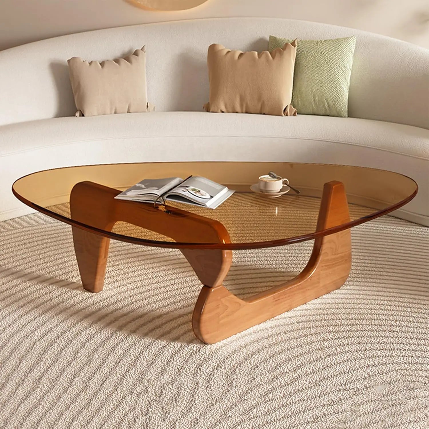 Coffee Tables for Living Room-Triangle Glass Coffee Table with Wooden Base Modern Abstract End Table for Study Room Office Hotel