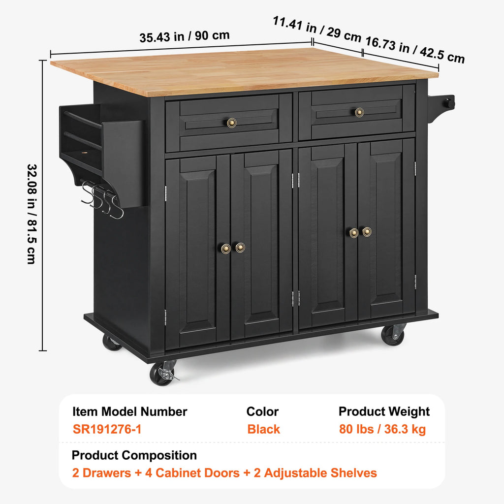 SucceBuy 43" Kitchen Island Cart Wood Top Mobile Carts Leaf Spice Rack