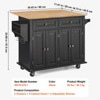 SucceBuy 43" Kitchen Island Cart Wood Top Mobile Carts Leaf Spice Rack