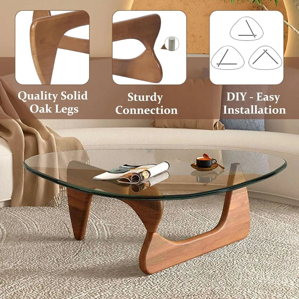 Coffee Tables for Living Room-Triangle Glass Coffee Table with Wooden Base Modern Abstract End Table for Study Room Office Hotel
