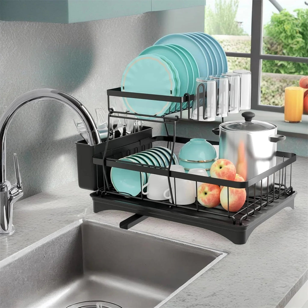 2-Tier Stainless Steel Dish Drying Rack – Large Kitchen Countertop Organizer with Drainer & Cutlery Holder
