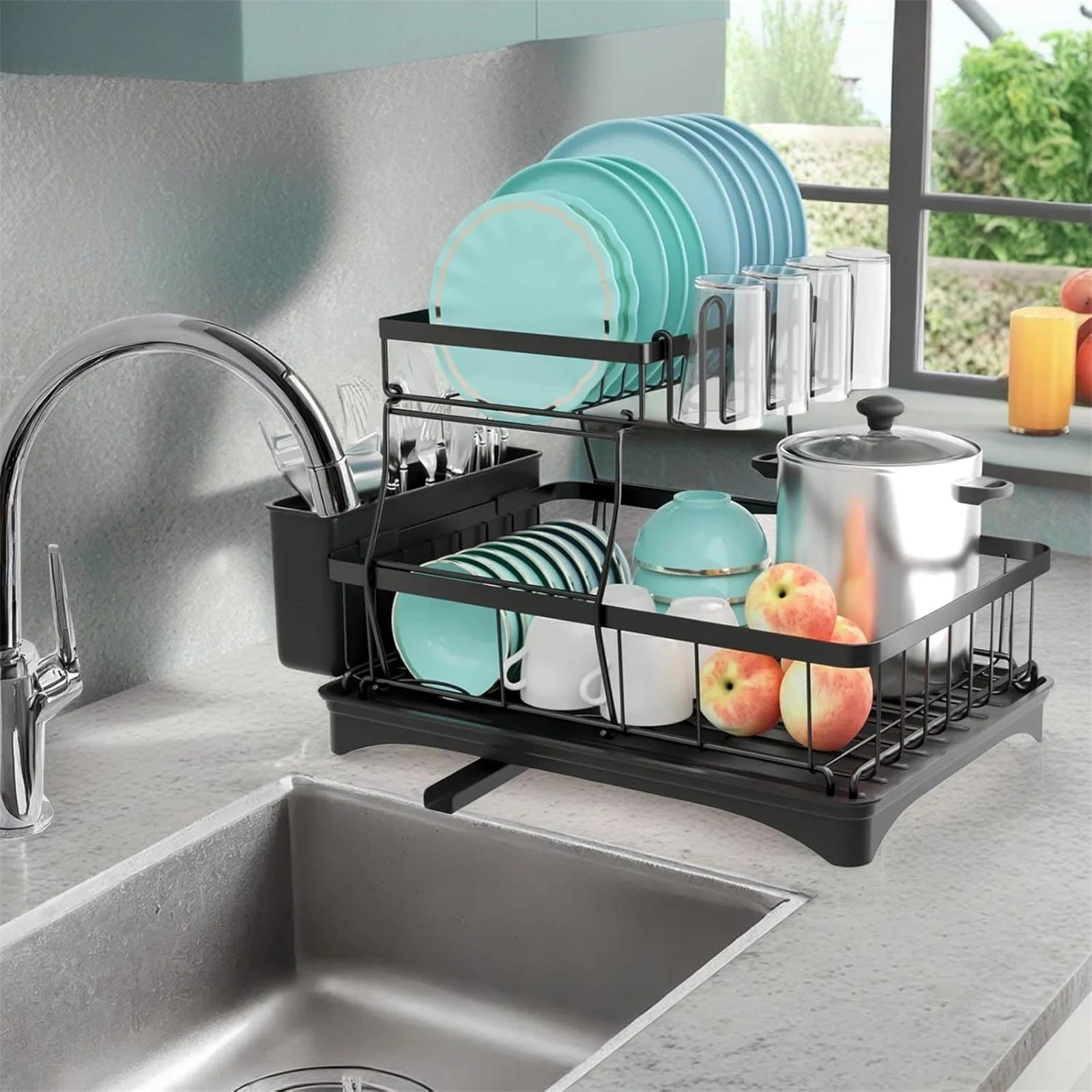 2-Tier Stainless Steel Dish Drying Rack – Large Kitchen Countertop Organizer with Drainer & Cutlery Holder