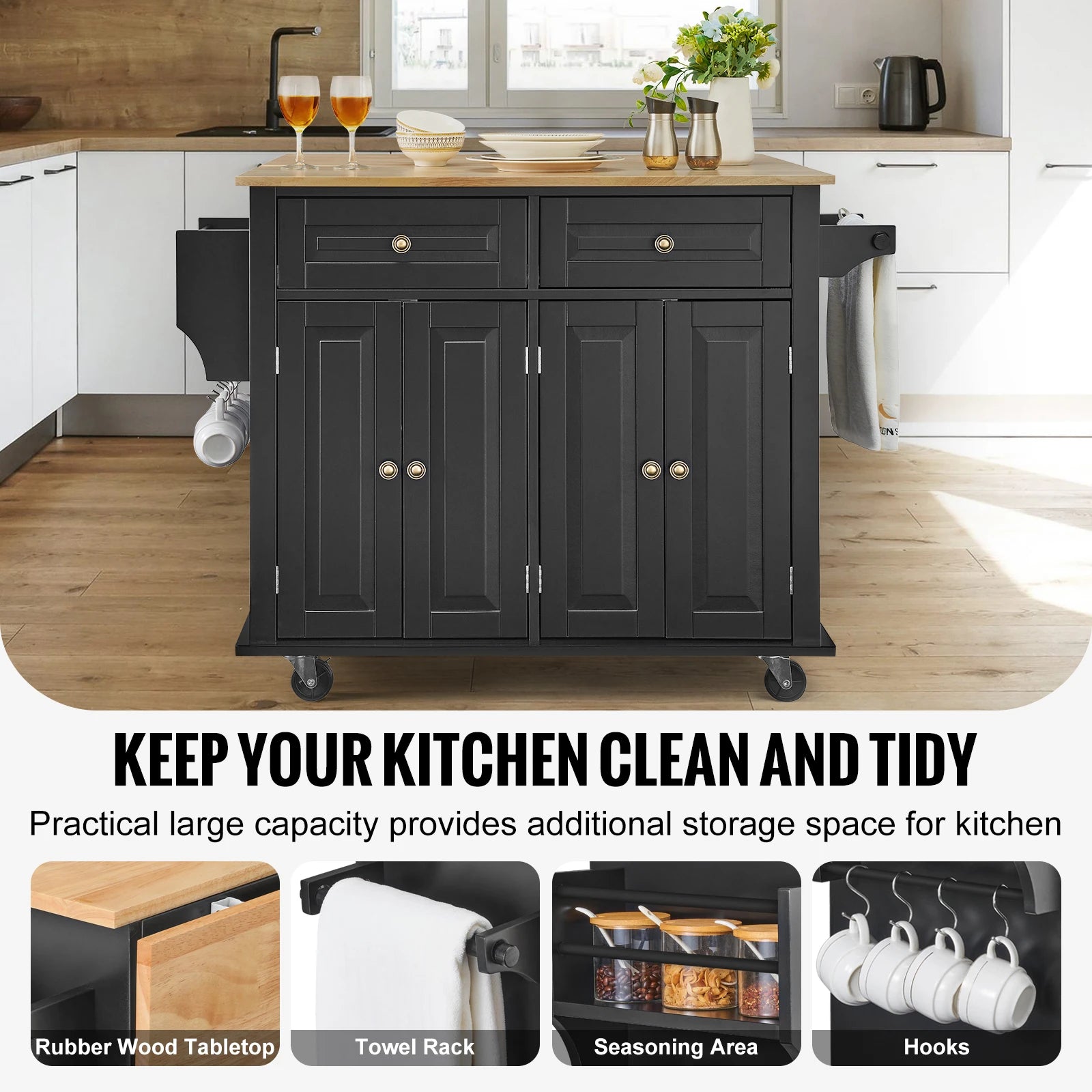 SucceBuy 43" Kitchen Island Cart Wood Top Mobile Carts Leaf Spice Rack