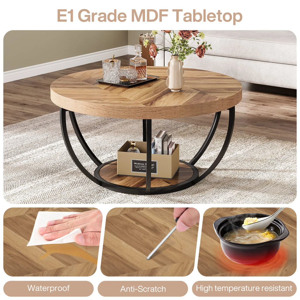 Round ,2-Tier Circle Coffee Table with Storage Shelves