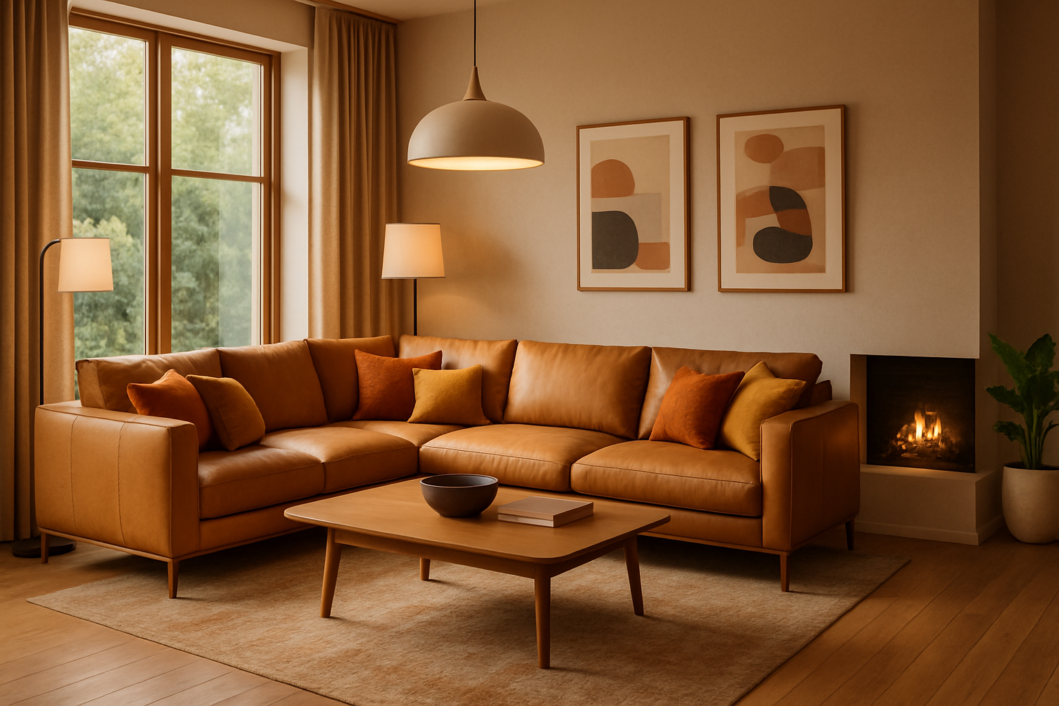 create me a realisitc graphic of a living room, use warm tones and make it modern